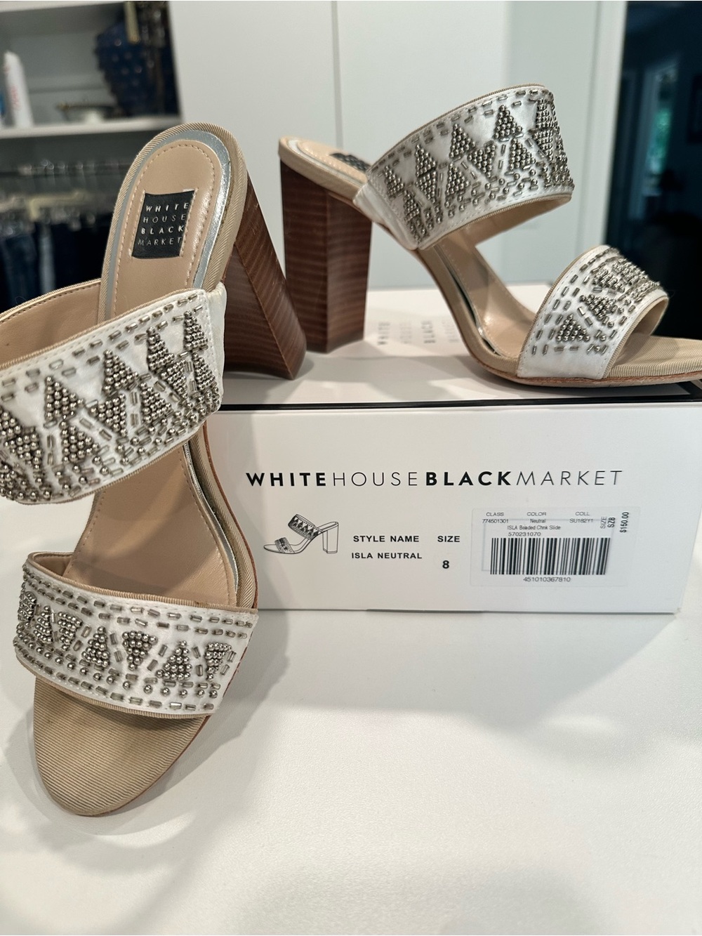 White House Black Market Beaded Neutral Double-Strap Block Heel Sandal